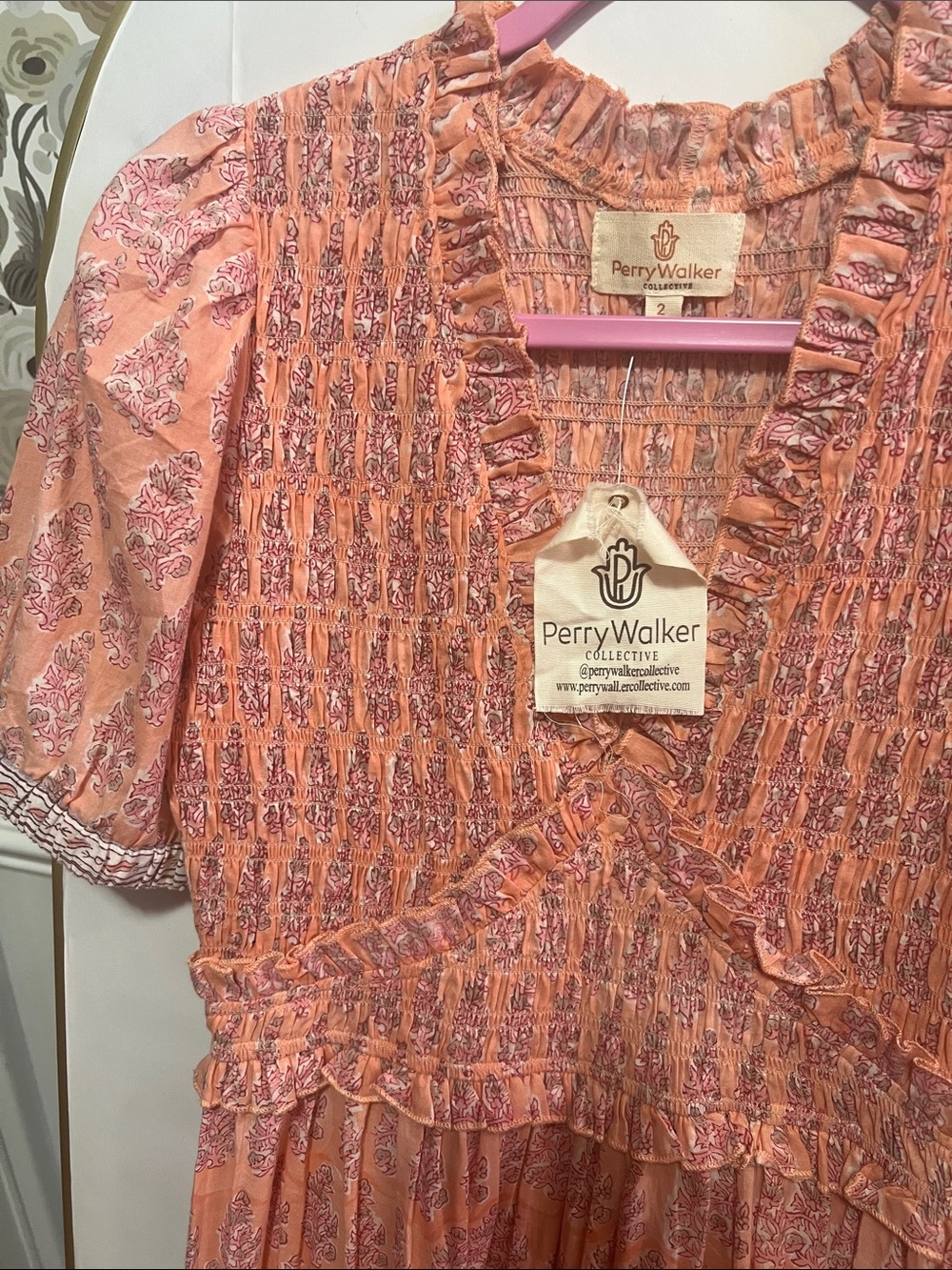 Perry walker Peach Floral Smocked Maxi Dress with Ruffle V-Neck - - Picture 2 of 6